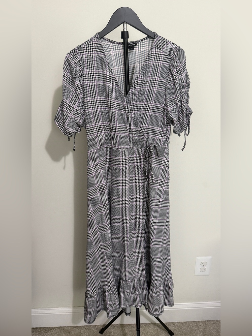 Torrid Plaid Wrap Midi Dress with Tie Waist - Gray and Pink